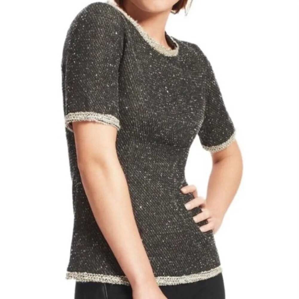 Cabi Black White Tweed Knit Short Sleeve Zip Shell‎ Terry Boucle Tweed Sweater L